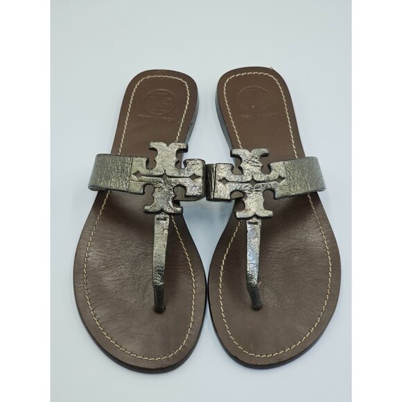 Tory Burch Women's Metallic Gunmetal Leather Moore T-Strap Sandals Sz 7.5 2644 - Picture 7 of 16